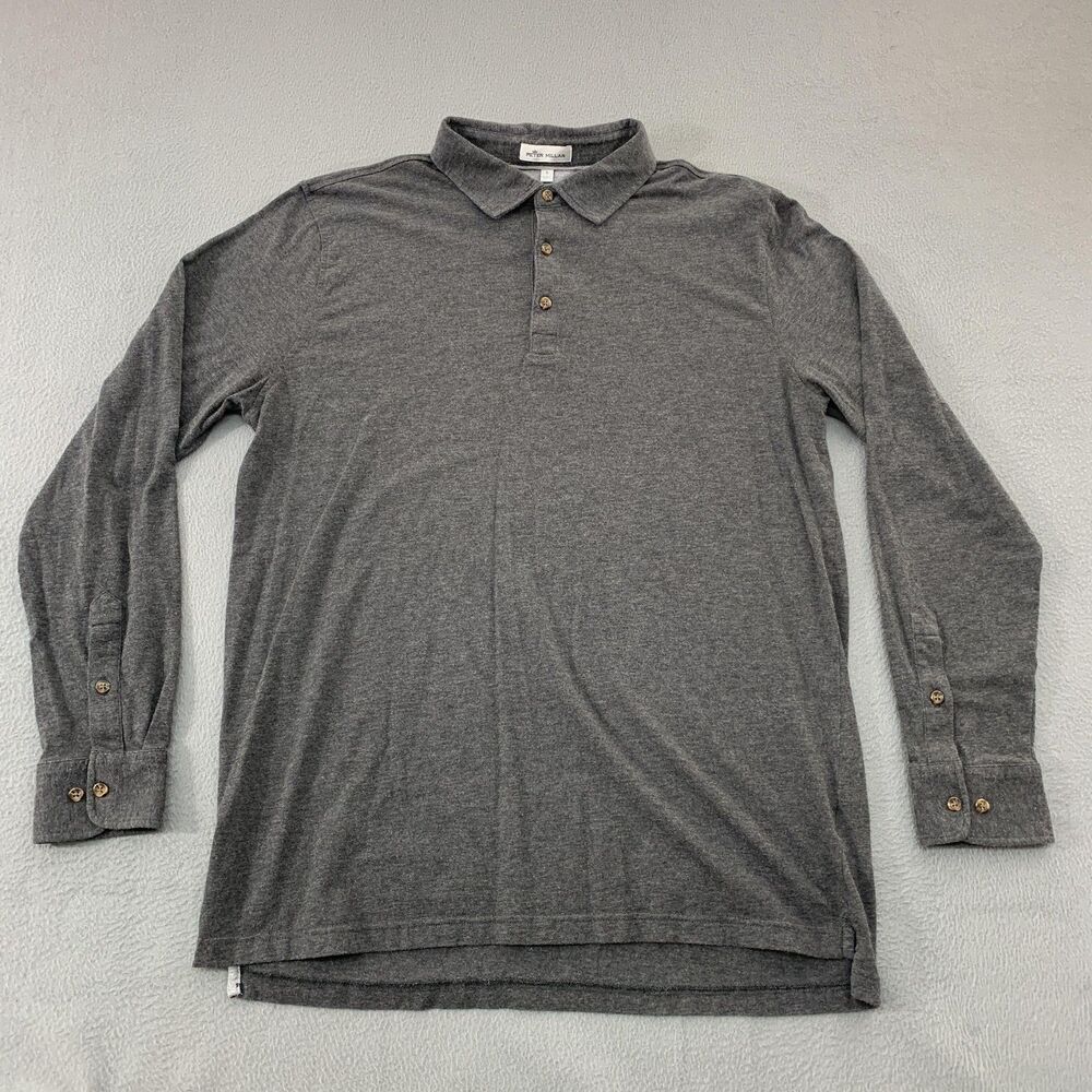 Peter Millar Polo Shirt Mens Large Gray Pima Cotton Cashmere Long Sleeve Stretch